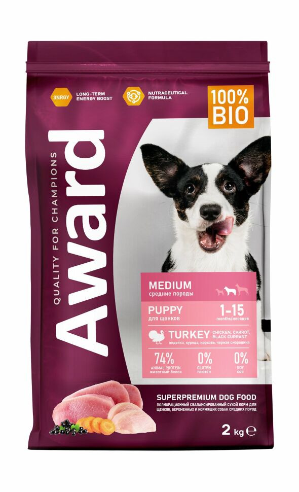 Сухой корм Award для щенков от 1 мес, беременных и кормящих сук средних пород, с индейкой и курицей