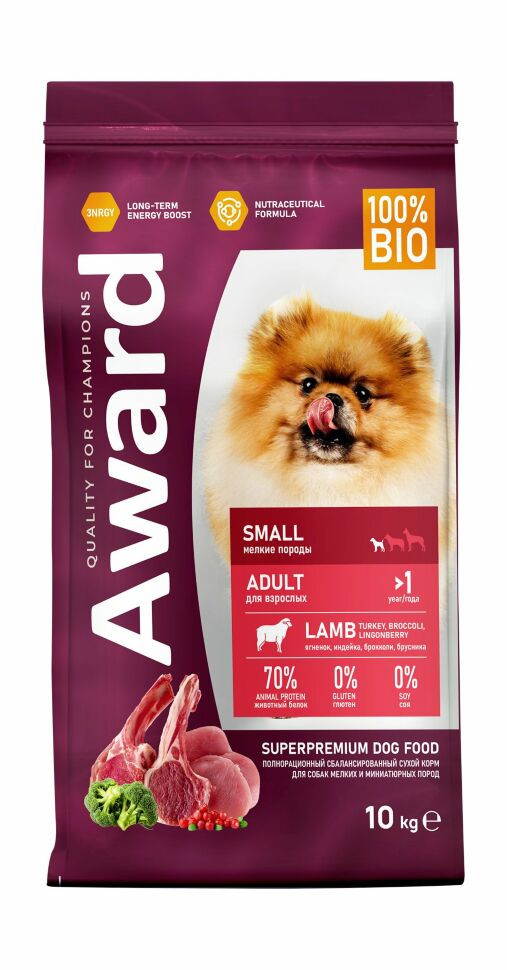 Сухой корм Award для взрослых собак мелких и миниатюрных пород с ягненком и индейкой с добавлением брокколи и брусники