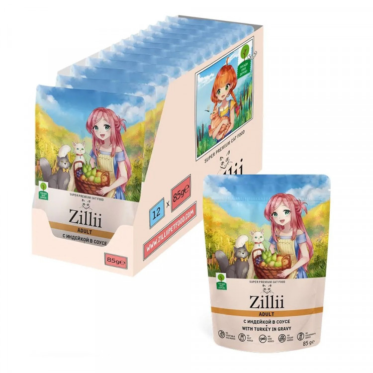 Влажный корм Zillii Adult Cat Turkey для взрослых кошек с индейкой в соусе, в паучах - 85 х 12 шт