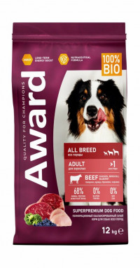 Сухой корм Award для взрослых собак всех пород с говядиной и курицей с добавлением брокколи и черники
