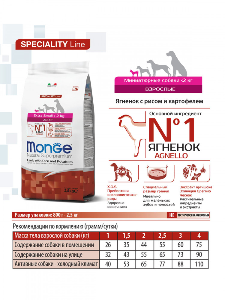Сухой корм Monge Dog Speciality Line Extra Small корм для взрослых собак миниатюрных пород ягненок с рисом и картофелем