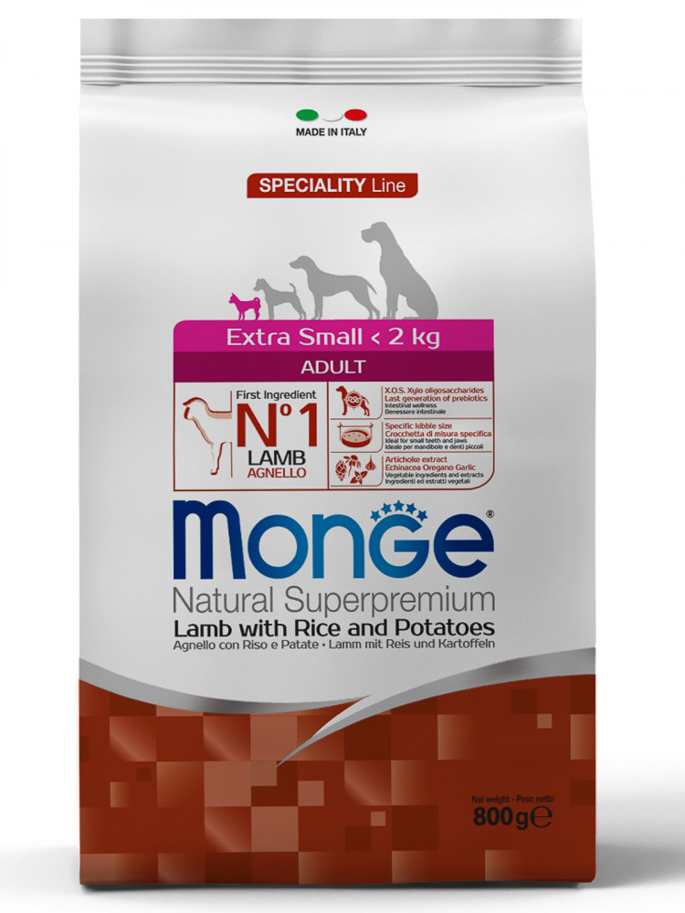 Сухой корм Monge Dog Speciality Line Extra Small корм для взрослых собак миниатюрных пород ягненок с рисом и картофелем