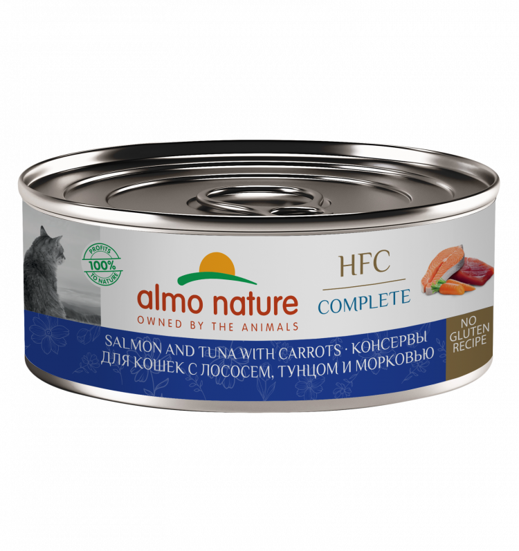Консервы Almo Nature для кошек и котят с лососем, тунцом и морковью в бульоне (HFC, Complete,Salmon and Tuna with Carrots)