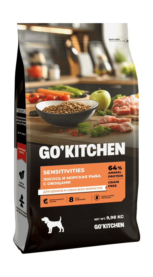 Сухой корм GO'KITCHEN, беззерновой, для щенков и собак всех возрастов, лосось и морская рыба с овощами