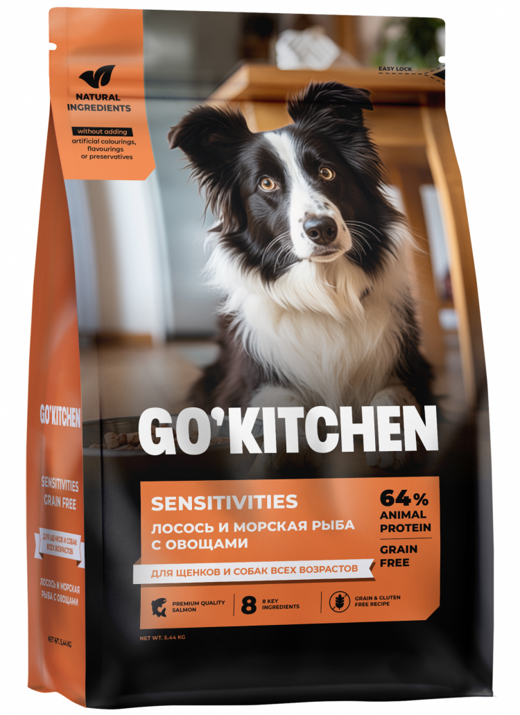 Сухой корм GO'KITCHEN, беззерновой, для щенков и собак всех возрастов, лосось и морская рыба с овощами