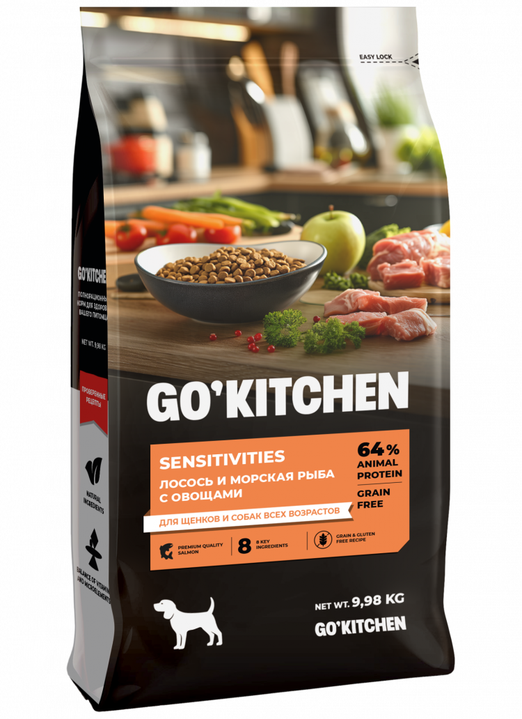 Сухой корм GO'KITCHEN, беззерновой, для щенков и собак всех возрастов, лосось и морская рыба с овощами