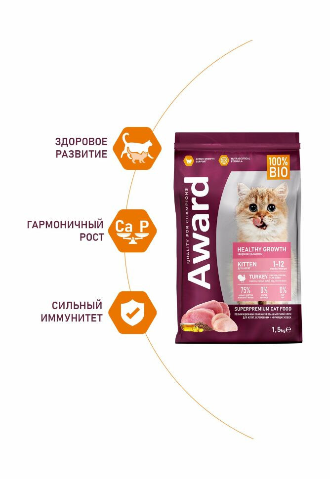 Сухой корм Award Healthy growth для котят от 1 месяца, беременных и кормящих кошек, с индейкой и курицей
