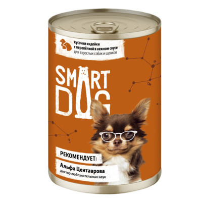 Smart Dog Консервы для взрослых собак и щенков кусочки индейки с перепелкой в нежном соусе 9 шт по 400 г
