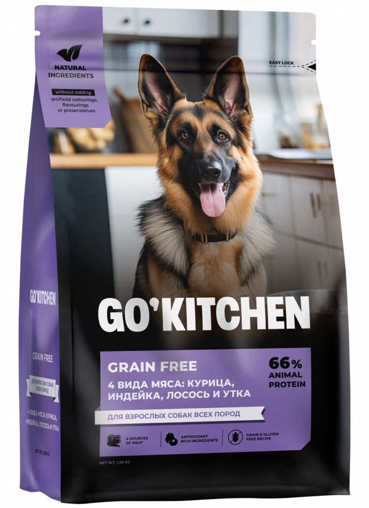 Сухой корм GO'KITCHEN 4 вида мяса, для взрослых собак всех пород, беззерновой, курица, индейка, лосось и утка