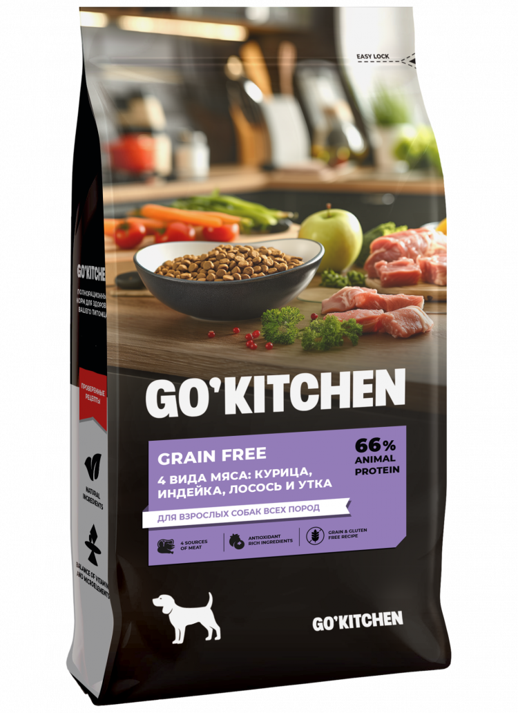 Сухой корм GO'KITCHEN 4 вида мяса, для взрослых собак всех пород, беззерновой, курица, индейка, лосось и утка