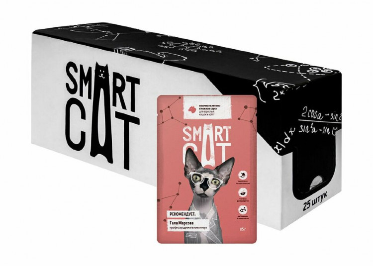 Smart Cat - Паучи для взрослых кошек и котят, Телятина в соусе 25 шт по 85 г