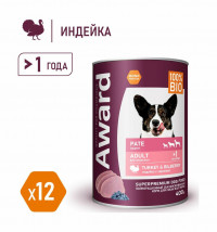 Влажный корм Award для взрослых собак паштет из индейки с черникой 400гр (упаковка 12шт)