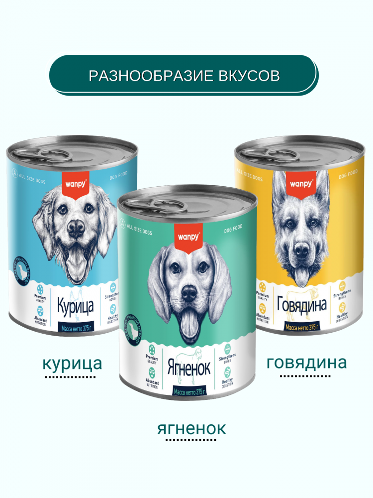 Влажный корм Wanpy Dog, консервы для собак из ягненка (упаковка 6 шт по 375 г)
