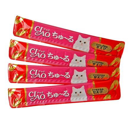 Inaba Ciao Лакомство для взрослых кошек (сладкая креветка и парное филе курицы)