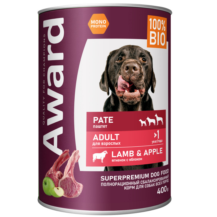 Влажный корм Award для взрослых собак паштет из ягненка с яблоком 400г