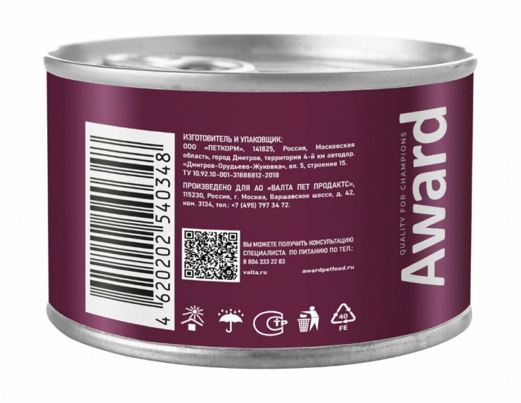  Влажный корм Award для взрослых собак паштет из утки с брусникой 200г (упаковка 12шт)