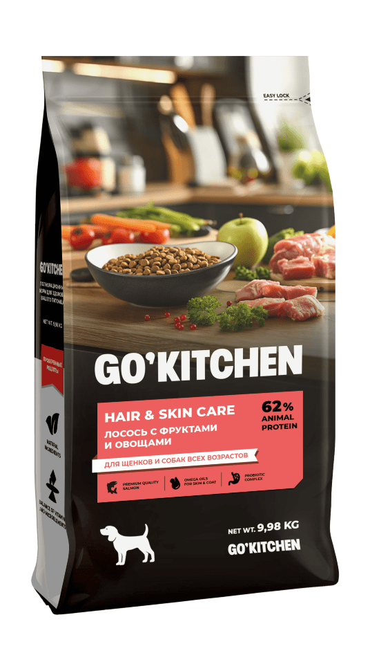 GO'KITCHEN Skin + Coat Care - Сухой корм для щенков и собак, лосось с фруктами и овощами
