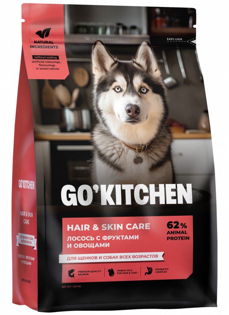 GO'KITCHEN Skin + Coat Care - Сухой корм для щенков и собак, лосось с фруктами и овощами