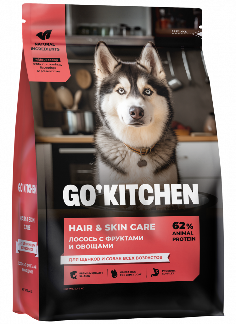 GO'KITCHEN Skin + Coat Care - Сухой корм для щенков и собак, лосось с фруктами и овощами