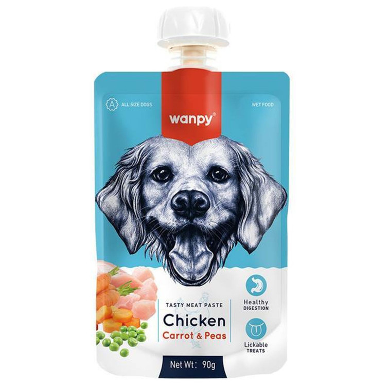 Влажный корм Wanpy Dog, лакомство для собак Мясной мусс из курицы и моркови с горохом (упаковка 10 шт по 90 г)
