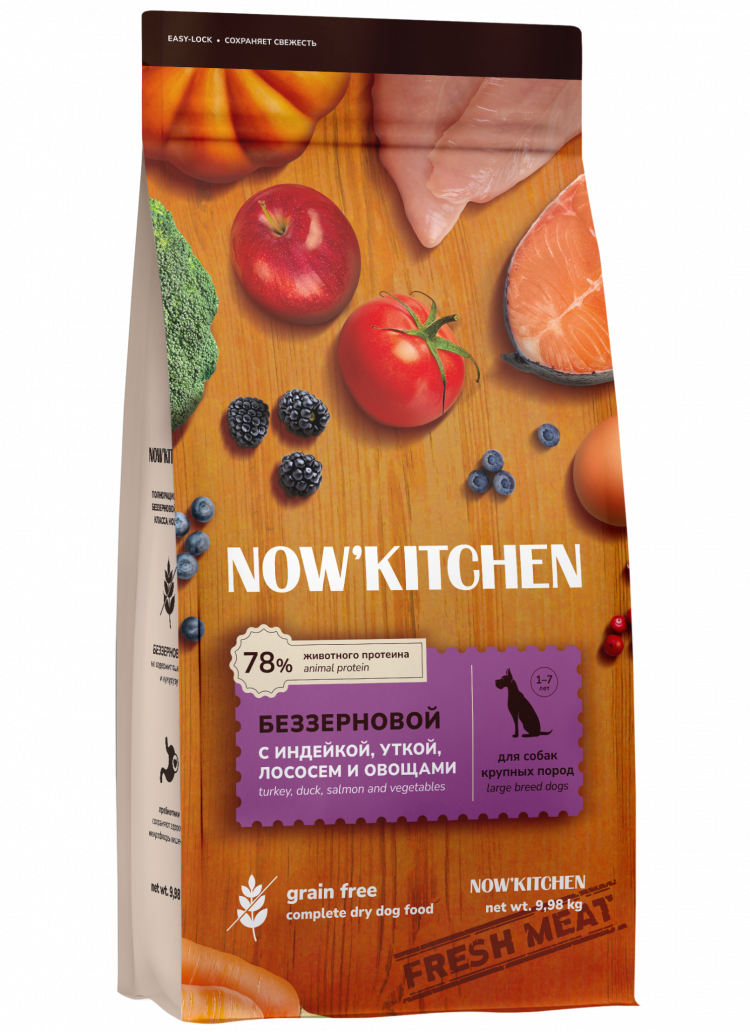 NOW'KITCHEN Fresh беззерновой сухой корм для взрослых собак крупных пород со свежей индейкой, уткой, лососем