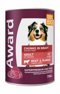 Влажный корм Award для взрослых собак кусочки с говядиной и рубцом в соусе 750г