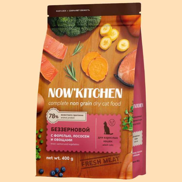 Сухой корм NOW'KITCHEN, беззерновой, для взрослых кошек со свежей форелью, лососем и овощами