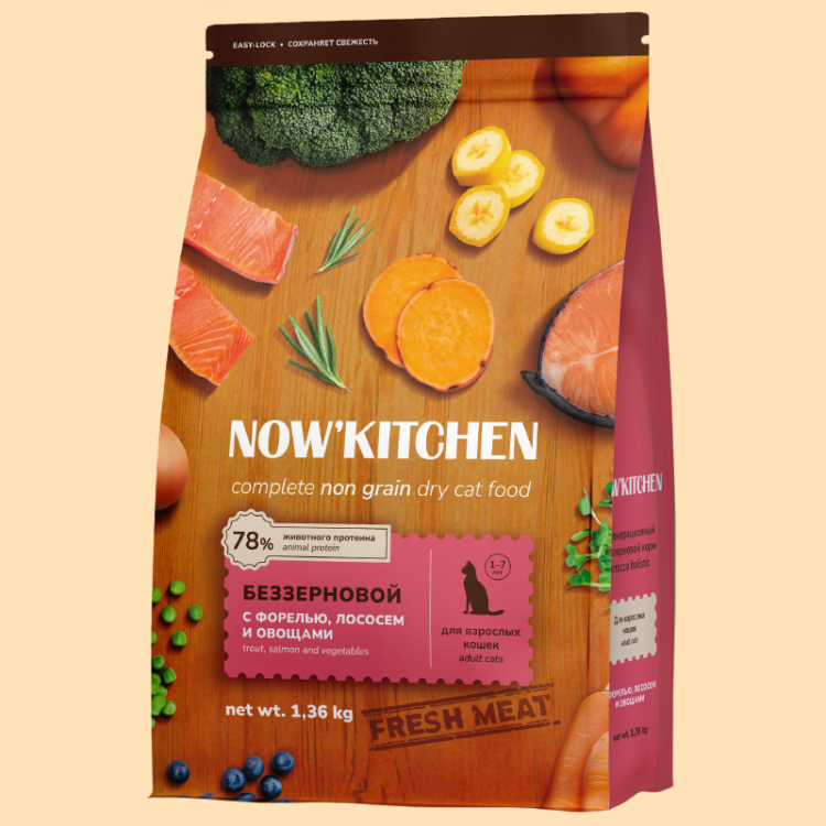 Сухой корм NOW'KITCHEN, беззерновой, для взрослых кошек со свежей форелью, лососем и овощами