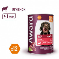 Влажный корм Award для взрослых собак паштет из ягненка с яблоком 400г (упаковка 12шт)
