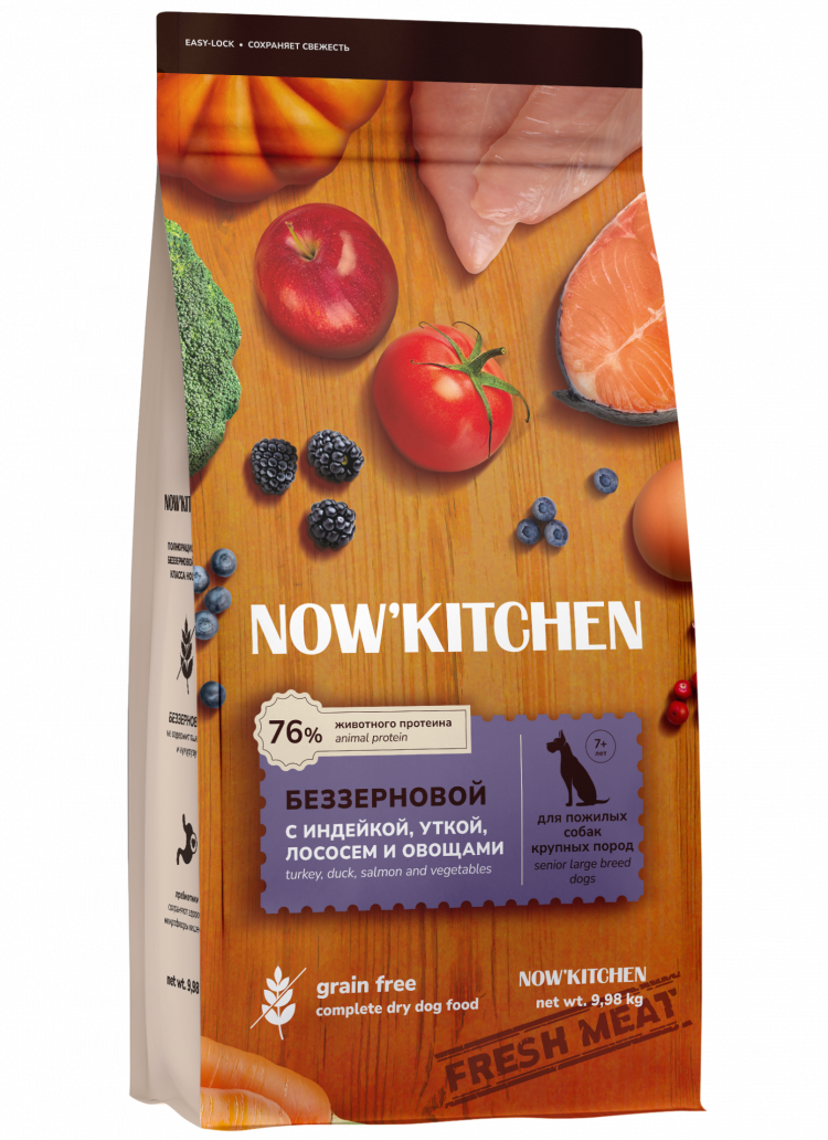 NOW'KITCHEN Fresh беззерновой сухой корм для пожилых собак крупных пород со свежей индейкой, уткой, лососем