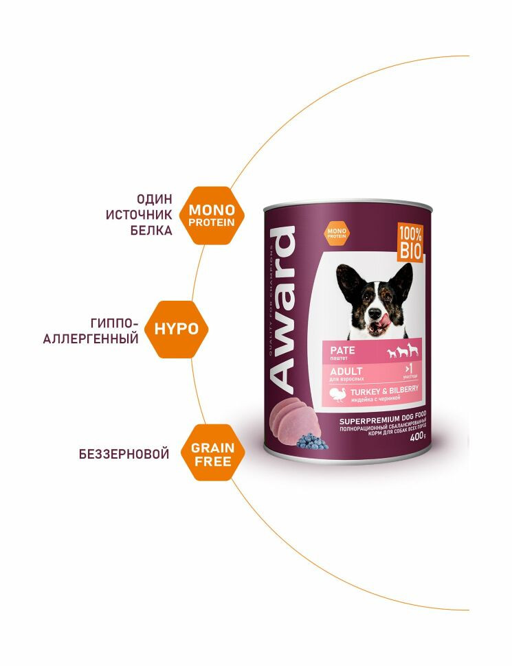 Влажный корм Award для взрослых собак паштет из индейки с черникой 400гр