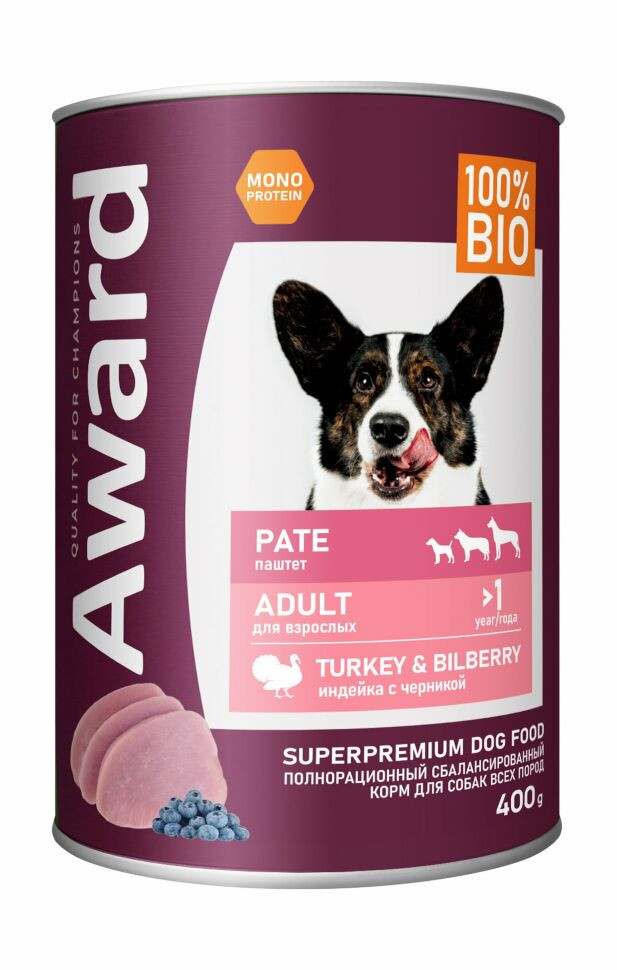Влажный корм Award для взрослых собак паштет из индейки с черникой 400гр
