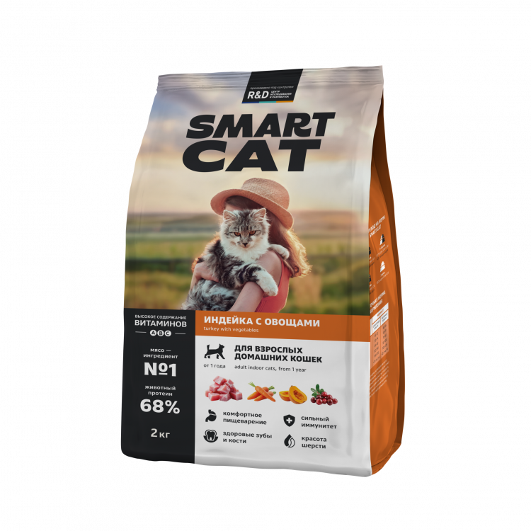 Сухой корм Smart Cat для взрослых кошек c чувствительным пищеварением с индейкой