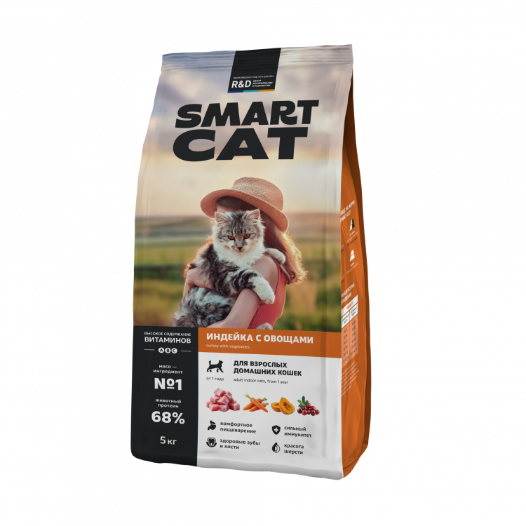 Сухой корм Smart Cat для взрослых кошек c чувствительным пищеварением с индейкой