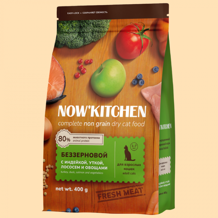 Сухой корм NOW'KITCHEN, беззерновой, для взрослых кошек со свежей индейкой, уткой, лососем и овощами