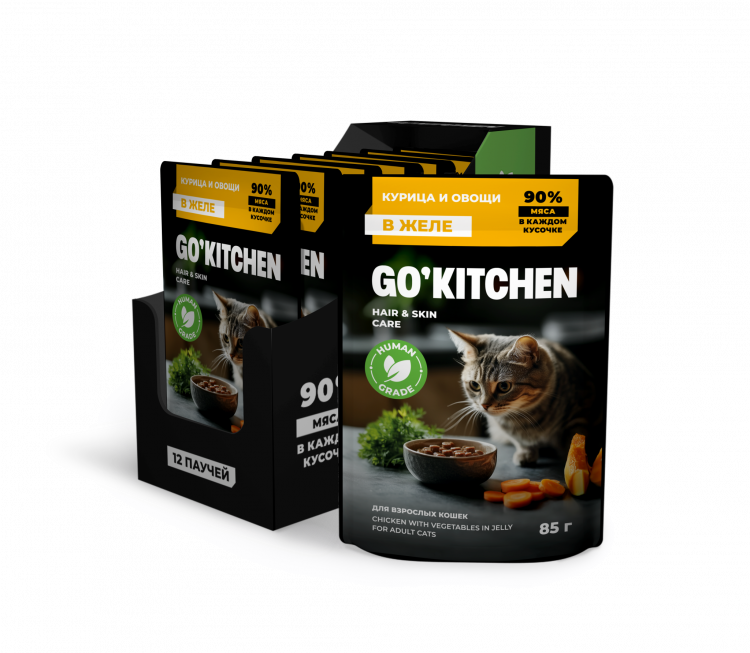 Влажный корм GO'KITCHEN паучи для взрослых кошек: курица и овощи в желе, полнорационный, набор 12шт по 85 г
