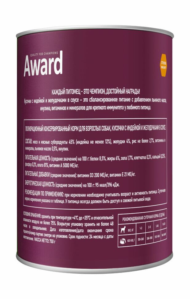 Влажный корм Award для взрослых собак кусочки с индейкой и желудочками в соусе 750г