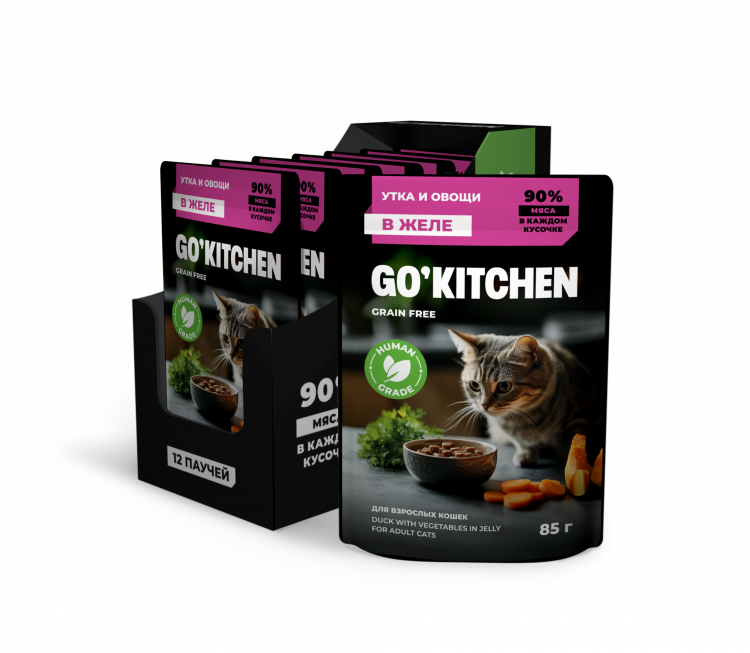 Влажный корм GO'KITCHEN паучи для взрослых кошек с уткой и овощами в желе, полнорационный, набор 12шт по 85 г