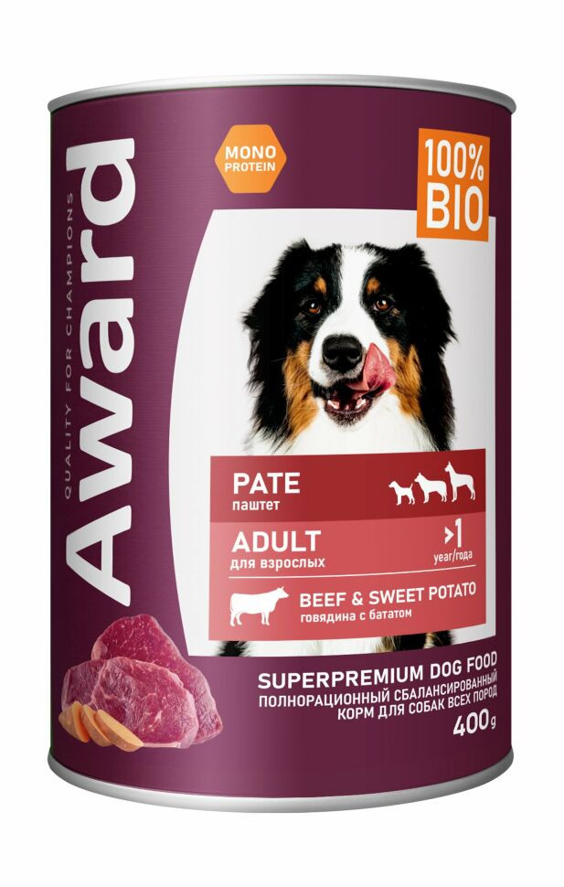 Влажный корм Award для взрослых собак паштет из говядины с бататом 400гр