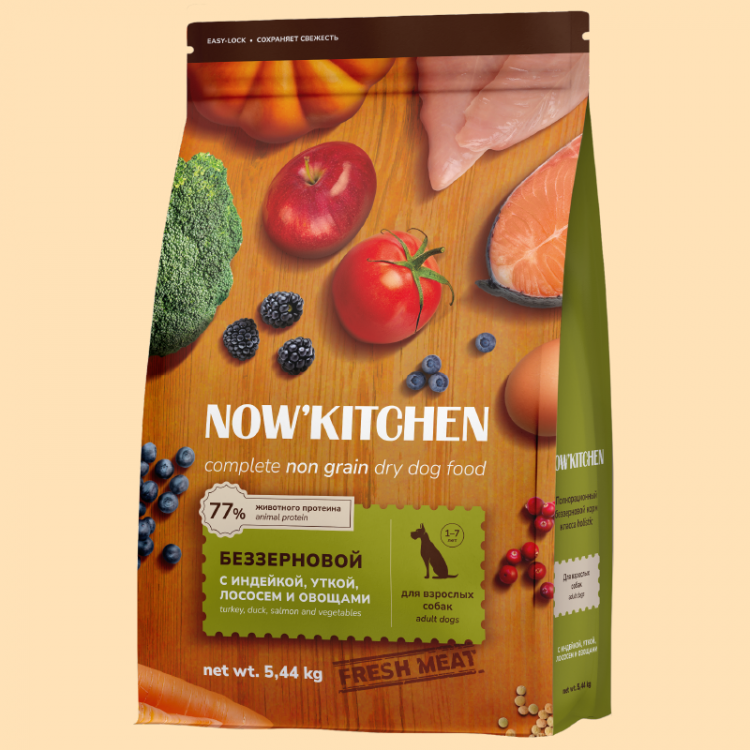 Сухой корм NOW'KITCHEN, беззерновой, для взрослых собак со свежей индейкой, уткой, лососем