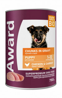 Влажный корм Award для щенков кусочки с курицей и морковью 750г