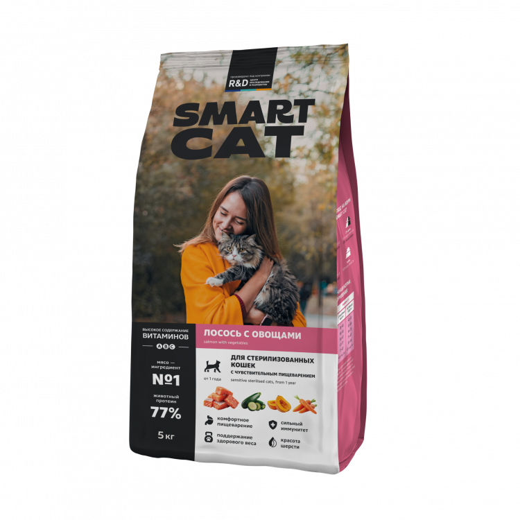 Сухой корм Smart Cat для стерилизованных кошек с чувствительным пищеварением, с лососем и овощами