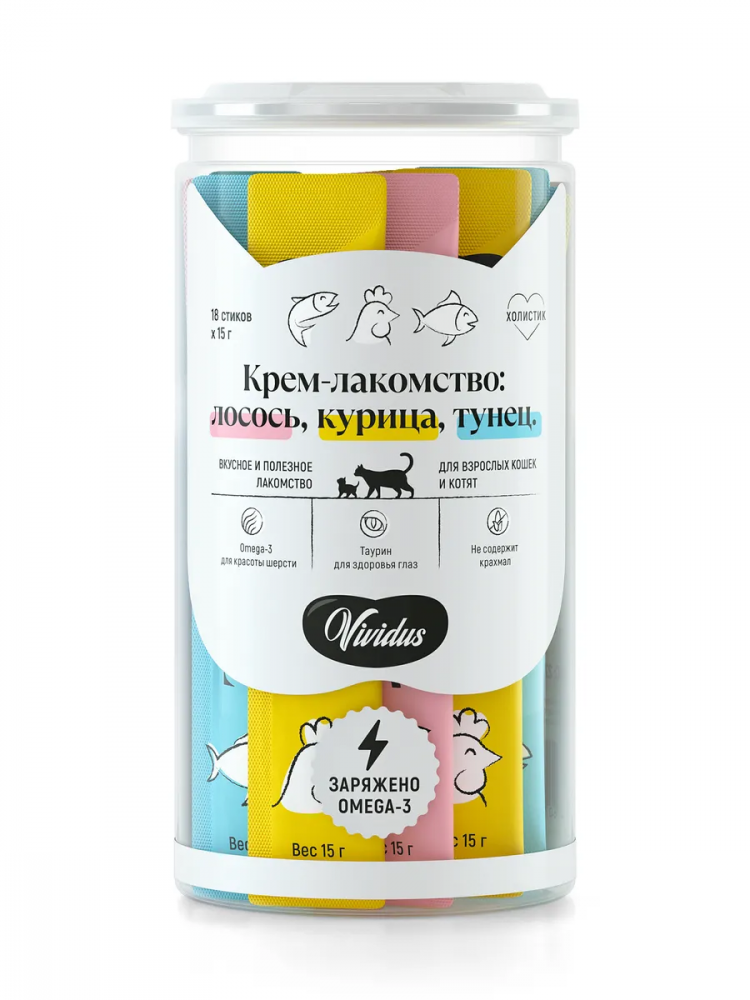 Vividus крем-лакомство для кошек и котят ассорти: с тунцом, лососем и курицей, стики