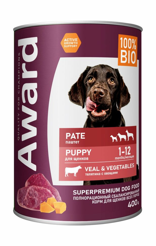 Влажный корм Award для щенков от 1 месяца паштет из телятины с овощами 400гр