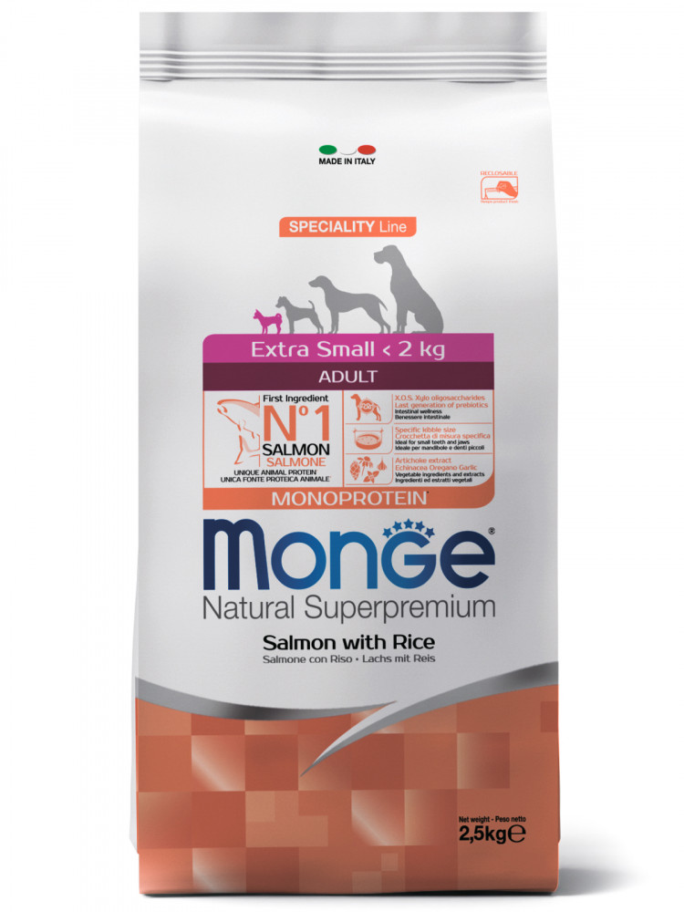 Сухой корм Monge Dog Speciality Line Monoprotein Extra Small для взрослых собак миниатюрных пород, с лососем с рисом