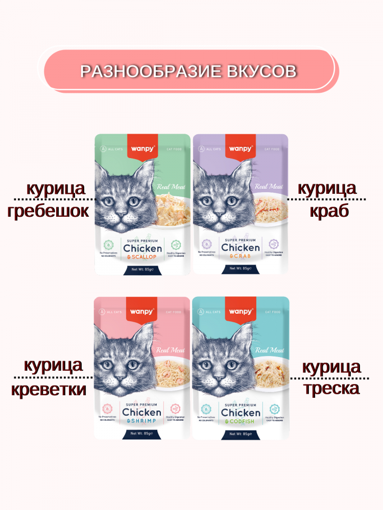 Влажный корм Wanpy Cat, паучи для кошек из курицы и креветок