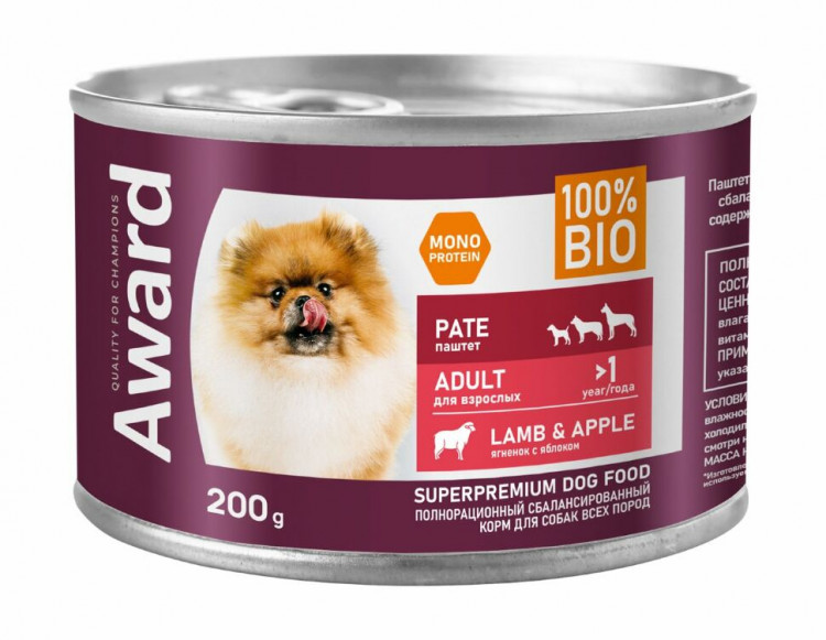 Влажный корм Award для взрослых собак паштет из ягненка с яблоком 200г