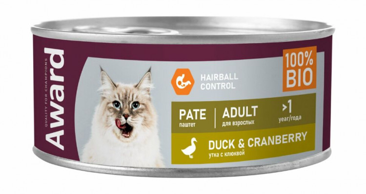 Влажный корм Award для взрослых кошек паштет из утки с клюквой 100г (упаковка 16шт)
