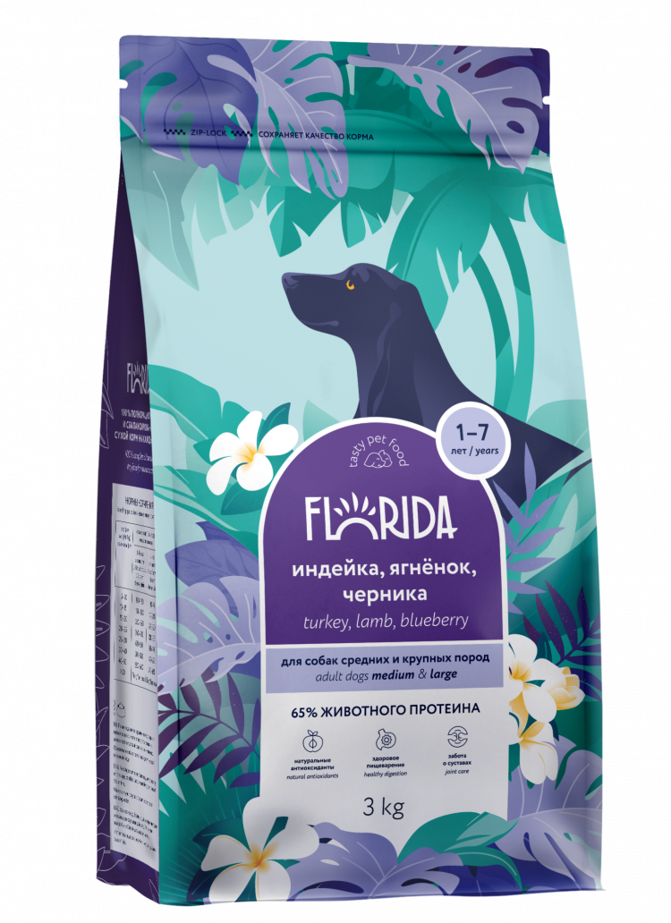 FLORIDA сухой корм для взрослых собак средних и крупных пород с индейкой, ягненком и черникой