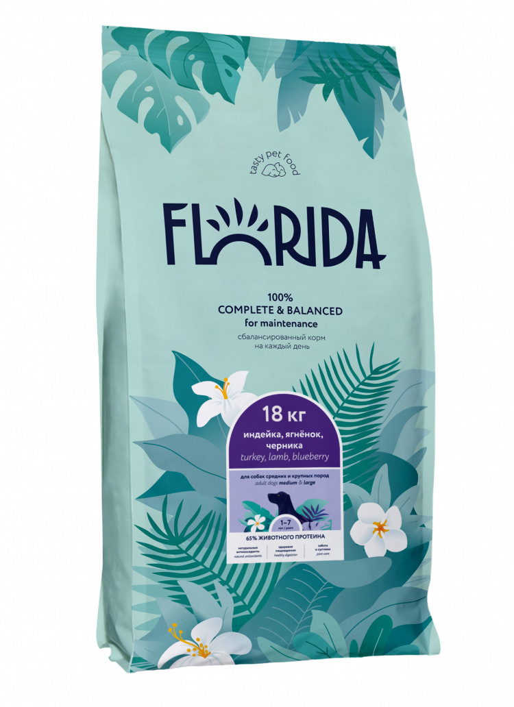 FLORIDA сухой корм для взрослых собак средних и крупных пород с индейкой, ягненком и черникой